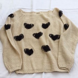 Phase One knit cream top sweater black lace hearts